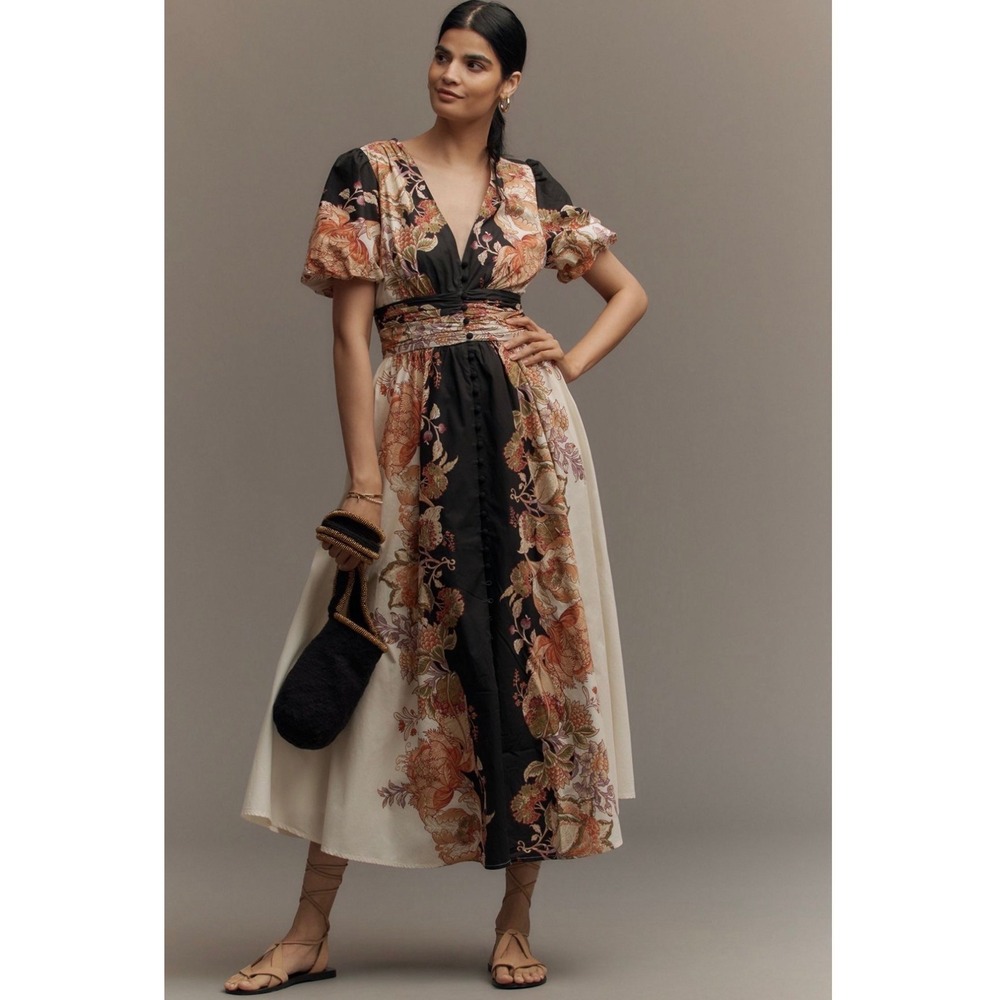 ANTHROPOLOGIE | Katerina Button-Front Dress Women L Cream Black Floral Maxi NWT